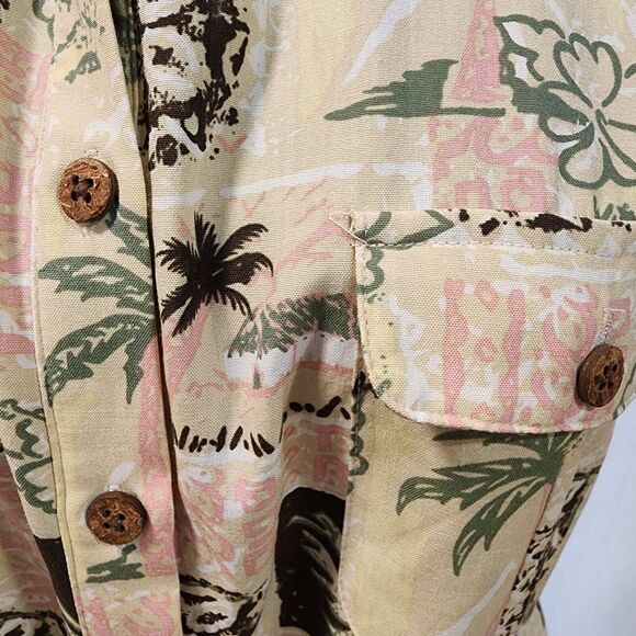 Tropical Al Silk Wooden Button Shirt Dress Large Palm Trees Paradise Sleeveless - Picture 3 of 7